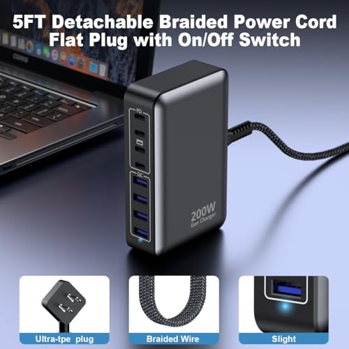 USB C Charger 200W Charger Block, 8-Ports Gan Fast Charging Station Hub, PD 65W Laptop Charging Adapter Compatible with MacBook Pro/Air, DELL, Steam Deck, iPhone 17/16/15/14, Galaxy — view 3