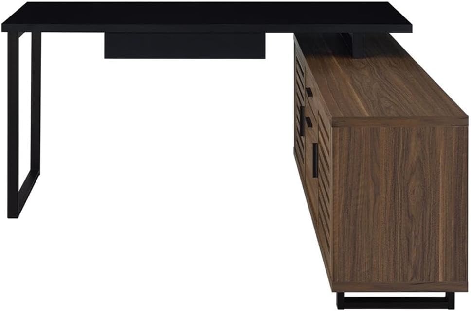 Pemberly Row L Shape Computer Desk, Black Metal and Walnut Wood, Built-in Power Outlets, 2 Slatted Doors, 3 Drawers, Adjustable Shelves, Modern Home Office Desk with Spacious Workspace