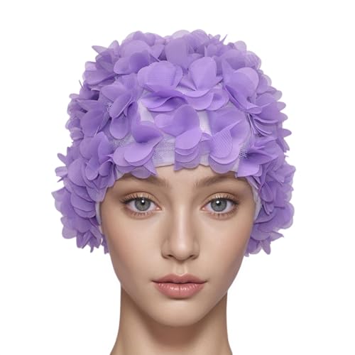 Medifier Lace Vintage Swim Cap Floral Petal Retro Style Bathing Caps for Women Rose (Purple)