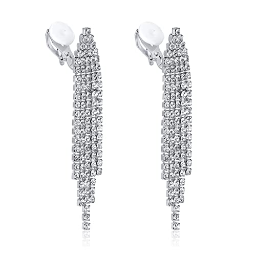 SELOVO Bridesmaid Wedding Paty Tassel Rhinestone Clip On Drop Dangling Earrings Silver Tone (2.2inch -Triangle)