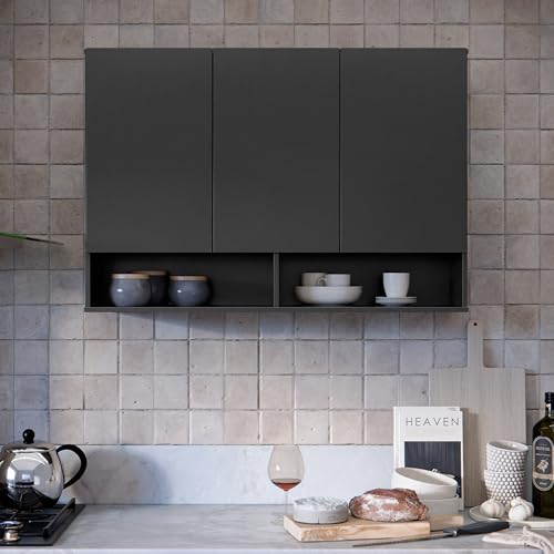 Armário Multiuso Aéreo 3 Portas Milão Parede Suspenso Cozinha Quarto (Preto)