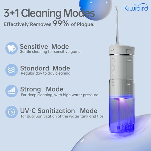 KIWIBIRD Mini Water Flosser for Travel, Ultra-Portable Cordless Oral Irrigator with UVC Light, IPX8 Waterproof 3 Modes, 230mL Teeth Cleaner for Tonsil Stones & Braces Care - Home & Travel (Grey) — view 4