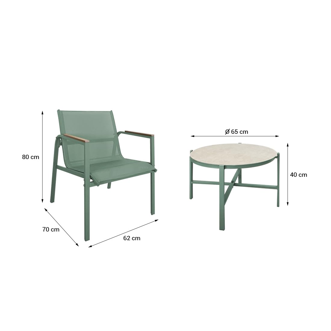 Acomoda Textil – Conjunto Jardín de 2 Sillones + Mesa de Acero Resistente, Decorativo y Ligero. Asiento para Exterior en Patio, Balcón y Terraza de Fácil Instalación. (Verde, 3 Piezas)