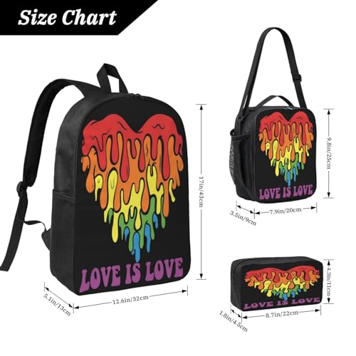 Love Is Love LGBT Gay Pride Rainbow Heart 17 Inch Backpack Sets Lunch Bag Lightweight Daypack for Men Women 3Pcs2