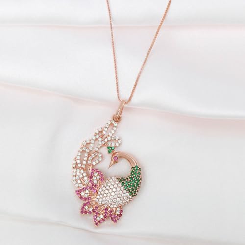 Image of ZAVYA 925 Sterling Silver Peacock CZ Rose Gold Plating Pendant Necklace | Gift for Women and Girls | With Certificate of Authenticity and 925 Hallmark