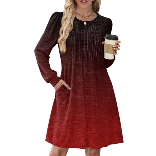 Kleider Langarm Damen, Vintage Karokleider Damen Herbst Empire-Taillen Rundhals Plissee-A-Linie mit Taschen Langarm Pulloverkleid In Kontrastfarbe...