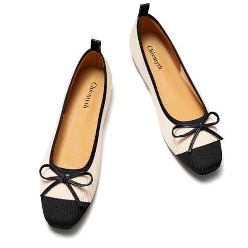 Ballet Flats for Women | Knit Square Toe Slip on Flats | Two-Tone Bowknot Shoes