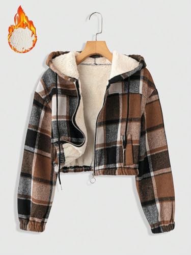 Womens Hoodie Plaid Print Zipper Fleece Lined Short Jacket Long Sleeve Fall Fashion Hooded Cropped Shacket Jacket2