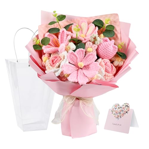 Plukers 18Pcs Handmade Crochet Flower Bouquet Knitted Yarn Flowers with Bag & Card Artificial Rose Daisy Birthday Gifts for Women Mom Wife Girlfriend Sister Best Friend Pink