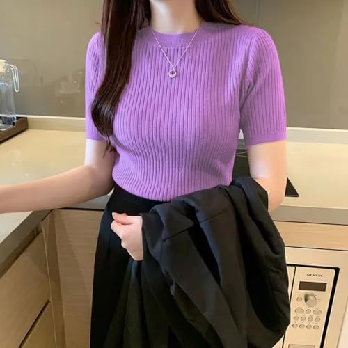 Image of Istyle Can Women Ribbed Slim Fit Top | Stretch Cotton Knit Crew Neck T-Shirt | Solid Casual Short Sleeve Tee for Office, Layering