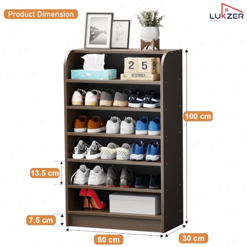 Image of Lukzer 6-Tier Engineered Wood Shoe Rack for Home (SR-005 /Wenge) Footwear Storage Organizer with Rounded Corner Design, Space-Saving Shoe Stand for Office, Entryway & Living Room (100 x 60 x 30 cm)