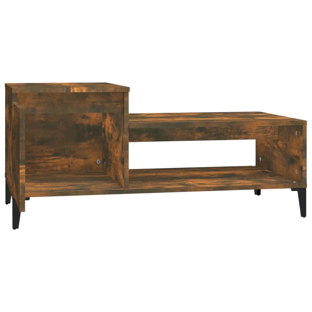 Mesa de centro de roble ahumado, 100 x 50 x 45 cm, de madera y metal, diseño moderno con espacio de almacenamiento y estante, pequeña mesa auxiliar para salón, sofá, mesa lateral