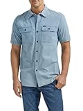 lee men's extreme motion all purpose classic fit short sleeve button down worker shirt, light wash chambray