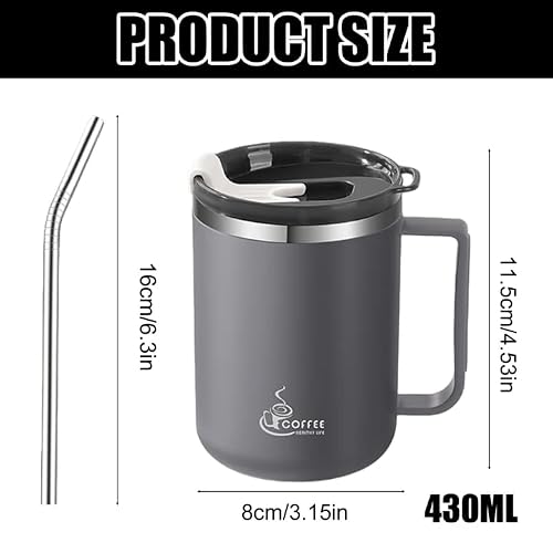 Ensemble de 2 tasses à café isothermes en acier inoxydable VEGOATY avec poignée et paille : tasses à café isothermes à double paroi de 430 ml avec poignée et curseur, tasses de camping réutilisables e – vue 2