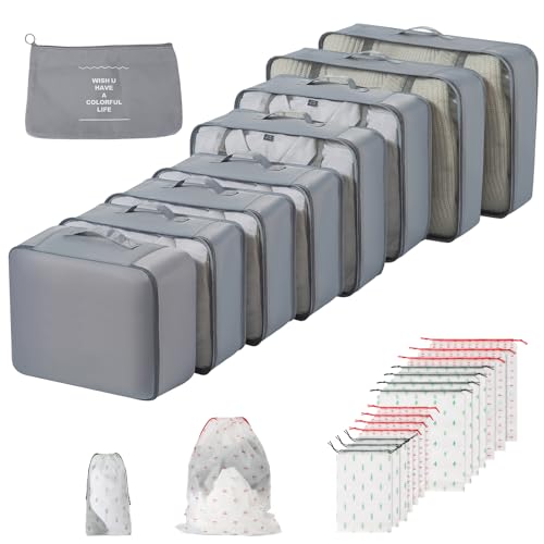 Freyeeti Organisateur Valise, Lot de 17 Organiseurs de Bagage pour Voyage, avec sacs de rangement, sacs à vêtements, sac à cosmétiques, sac à chaussures, organiseur de valise, pour voyage en famille