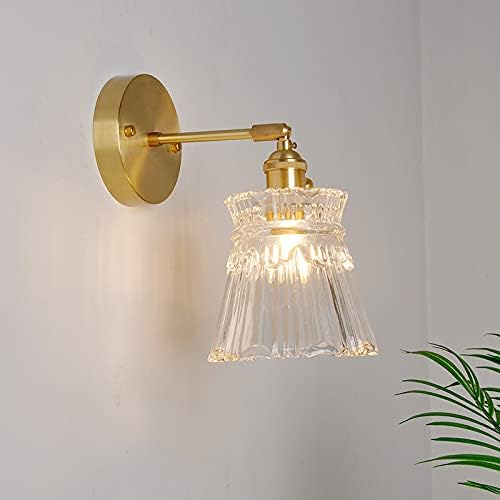 CraftThink LED Wall Sconce, Brass Finish Single-Bulb Wall Lamp Rustic Clear Ribbed Glass Tapered Wall Mounted Lighting with Swing Arm for Bedside lamp Living Room Porch Hallway Restaurant Foyer-E
