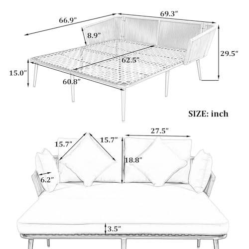 HOMIQUEEN Woven Nylon Rope Backrest Daybed,Outdoor Patio Sunbed with Washable Cushions, 2-Person Daybed Set with Iron Feet Support for Balcony Backyard Poolside,Grey - Thumbnail 3
