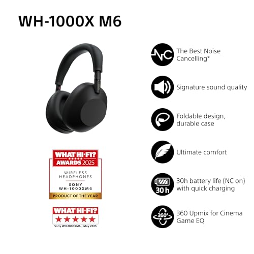 SONY WH-1000XM6 Flagship Noise Cancelling Over-Ear Wireless Bluetooth Headphones, Signature Hi-Res Sound, Comfort, Foldable Design, Durable Case, 30 HR Battery NC On, iOS & Android – Black - Image 3
