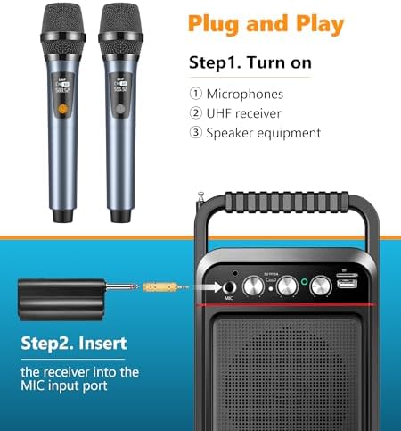 UHF Wireless Microphones, Rechargeable Dual Handheld Microphones with 1/4" Receiver, Adjustable Frequency & Volume, Plug-and-Play for Karaoke Singing, Outdoor Events, PA Systems