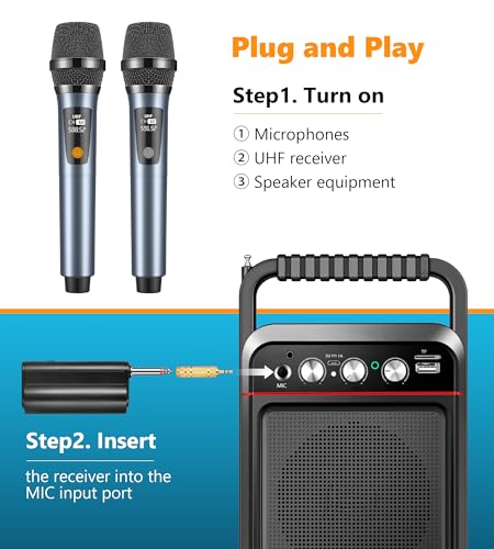 Powplur UHF Wireless Microphones, Rechargeable Dual Handheld Microphones with 1/4" Receiver, Adjustable Frequency & Volume, Plug-and-Play for Karaoke Singing, Outdoor Events, PA Systems