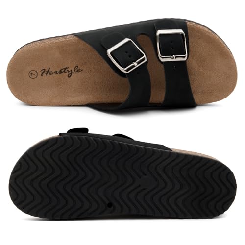 Image of Herstyle Womens Cork Footbed Slides for Women, Double Strap Flat Sandals, Adjustable Buckle Comfort Slip On Shoes, Summer Beach Casual Walking Slippers
