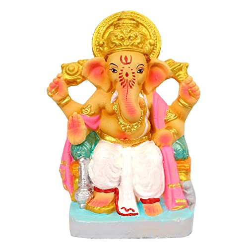 SATVIK 8 Inch Bhupati Eco Friendly Ganesha Idol | Ganpati Murti | Lalbaug Raja Pose | Hand-Painted with Non-Toxic Colors | Made with 100% Biodegradable Sadhu Matti Clay