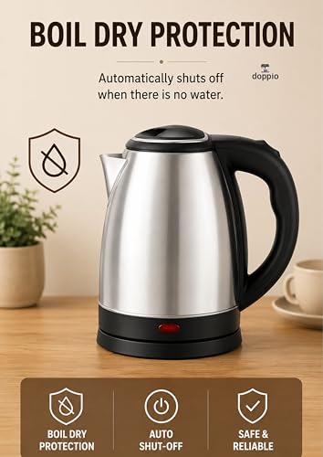 Image of Doppio 2L Stainless Steel Electric Kettle for Tea & Coffee | Fast Boiling Multipurpose Hot Water Kettle with Auto Shut-Off & Boil Dry Protection | 360 Swivel Base | Black & Silver