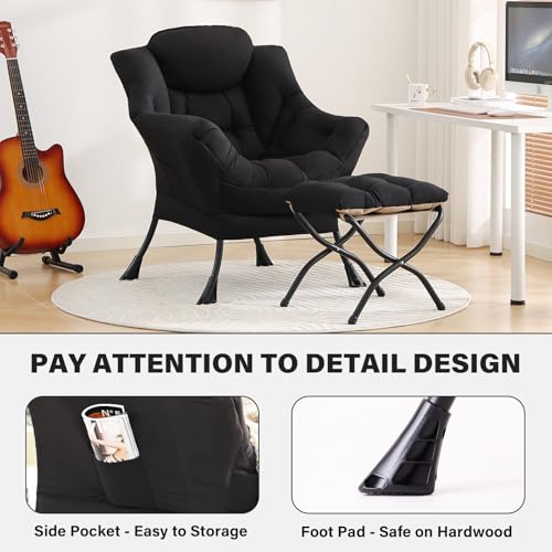 Image of Tiita Lazy Chair with Ottoman, Black Modern Large Accent Chair, Comfy Leisure Sofa Armchair with Ottoman, Reading Chair with Footrest for Bedroom, Living Room, Dorm Rooms, Black