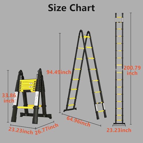Image of Telescoping Ladder A Frame 16.5Ft with Stabilizer Bar, Black+Yellow | 330 LBS Capacity with Non-Slip Feet, Aluminum, Collapsible Extension Ladder for House, Roof, RV & Travel Trailer