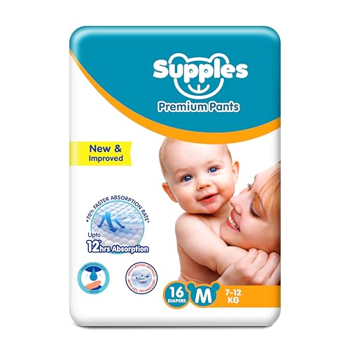 Image of Amazon Brand - Supples Premium Baby Diaper Pants | 16 Baby Diapers | Medium | 7-12 Kg | 12 Hrs Absorption | Cushiony Cotton Soft Fabric | Phthalates-Free | Triple Leak Guard