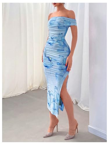 Image of Floerns Women's Floral Print Off Shoulder Short Sleeve Ruched Bodycon Long Dress