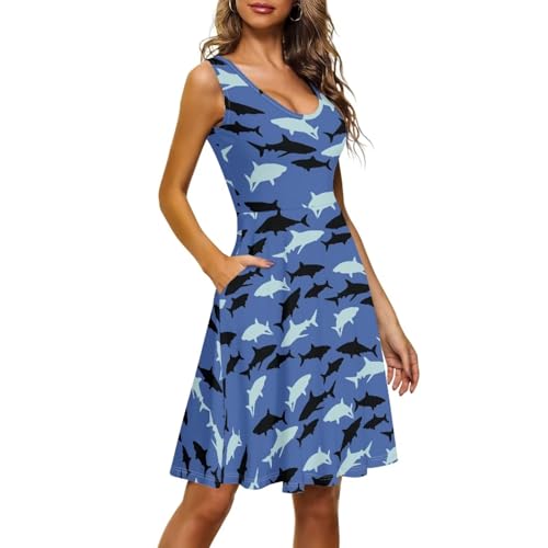 Image of Women Stylish Tank Dresses Sleeveless Round Neck Midi Casual Dress with Pocket for Summer