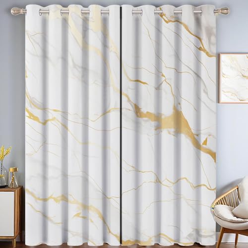 Cortinas Salon de Ojales 2 Piezas Lujo Mármol Oro Líneas Cortinas Opacas Termicas Aislantes Frio Y Calor para Habitacion Dormitorio Decoración De La Ventana Blanco Dorado, 200x260cm
