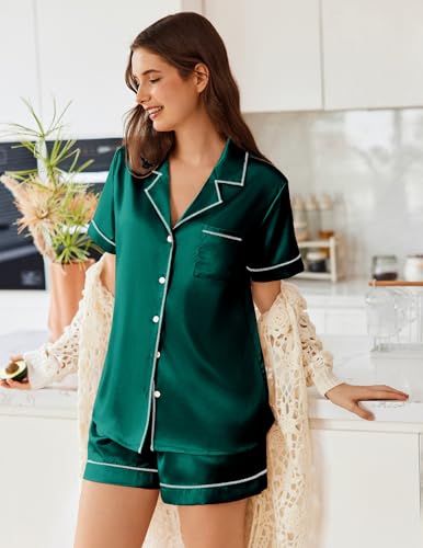 Image of Ekouaer Womens Satin Silk 2 Piece Pajamas Set Short Sleeve Sleepwear | Button Down Top and Shorts Loungewear Set for Sleep, Home, Wedding, Travel, Party, Daily Wear & Great for Sharing
