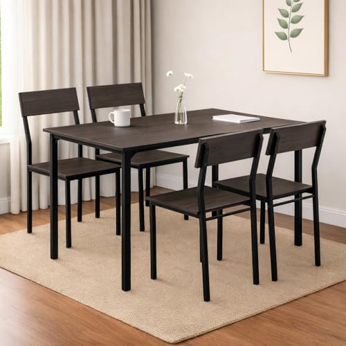 Image of Dining Table Set of 4, 4 Seater Dining Table with Chairs, Engineered Wood Top & Metal Frame, Space Saving Compact Rectangular Dining Table for Home & Kitchen (Dark Maple- DIY)