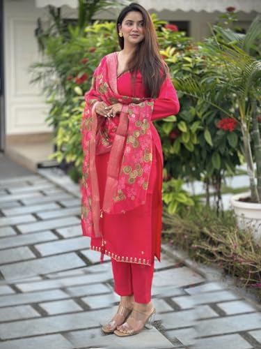 Image of VredeVogel Women's Beads Embroidered Silk Blend Kurta Pant Set with Organza Dupatta | Perfect for Festive & Casual Ethnic Kurta Set for Women