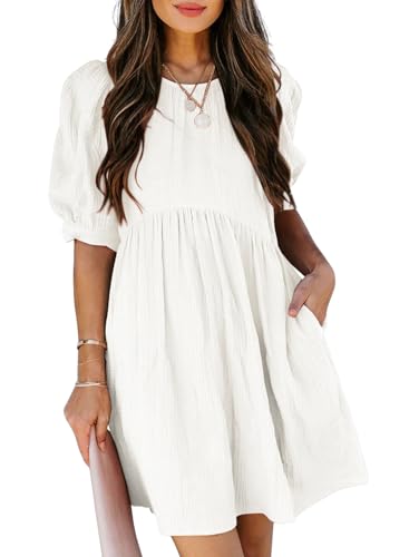 Dokotoo Womens Dresses Crewneck Bubble Puff Sleeve Empire Waist Solid Color Fashion Casual Buttons Loose Sundresses Flowy Cute Mini Dress White Large