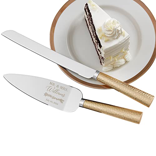 Personalization Universe Engraved Laurels of Love Gold Hammered Wedding Personalized Cake Knife & Server Set - Cake Cutting and Serving Set, Bridal Shower Gift