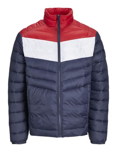 JACK & JONES Mens Quilted Jacket Windproof 100% Nylon Long Sleeve Outdoor Puffer Jacket for Men, Navy Red Colour, Size- L
