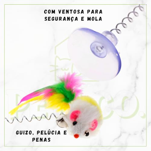 Brinquedo para Gatos com Ratinho e Penas, Varinha com Mola e Ventosa, 20 cm, Colorido