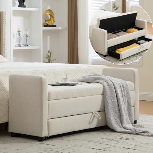 KEIKI 58.27" L Chenille Ottoman Bench with Drawer, 2 Storage Space, Upholstered End of Bed Daybed Seating, Foot Rest Stool Furniture for Bedroom, Living Room, Entryway, Solid Wood Frame, Griege