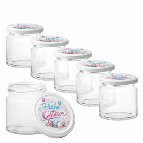 GASSERO Einmachgläser 210 ml – 24er Set farbenfrohes Ostermotiv mit TO66 Schraubdeckeln & Beschriftungsetiketten – ideal für Ostermarmelade, Osternest im Glas & kleine Geschenke