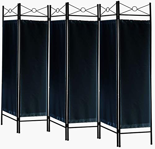 Legacy Decor 6 Panel Metal and Woven Fabric Room Divider with Two Way Hinges Black Color