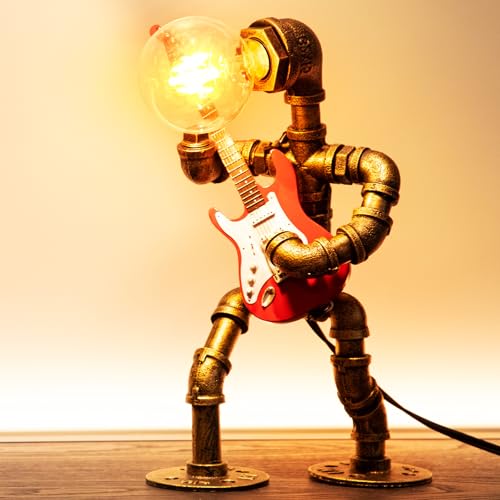 Image of Music Guitar Table Lamp Art Decor ,Steampunk Table Lamp,Retro Guitars Steampunk lamp,Cool Industrial Metal Tube Robot Lamp Guitar Stuff Present for Men Music Lovers