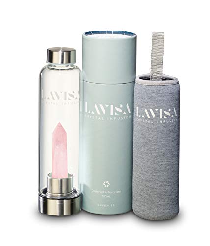 LAVISA Crystal Infusion Trinkflasche - Kristallflasche, mit Edelstein zum wechseln, Kristalltherapie, Edelsteinflasche (Rose Quartz) Cover