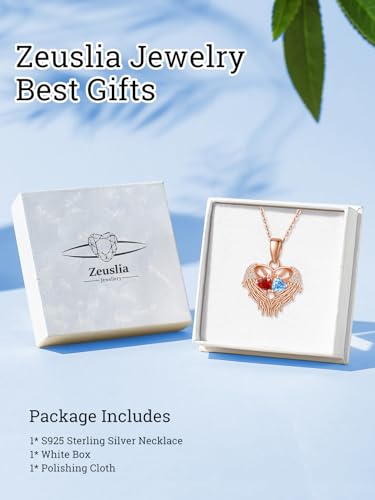 Angel Wings Heart Necklace Gifts for Mother Mom, 925 Sterling Silver Angel Wing Jewelry, Women Pendant Jewel with 2 Birthstones4