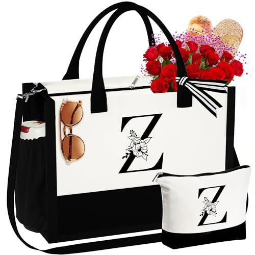 YOOLIFE Mothers Day Gifts for Women - Initial Tote Bag & Makeup Bag, Birthday Gifts for Women Mom Wife Teacher Friend