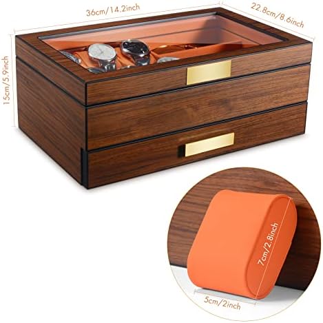 ikkle Wooden Watch Box for Men,Solid Wood Watch Display Case with Valet Drawer,2-Layer Luxury Jewelry Organizer with Real Glass Top ,Storage Gift Box for Watches, Sunglasses, Rings, Cufflinks etc