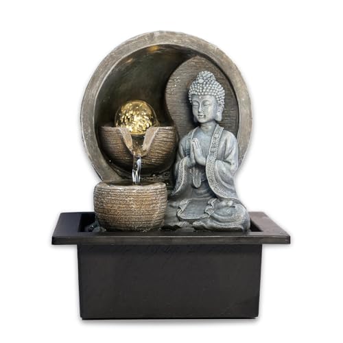 Zen Buddha Indoor Table Fountain with Rolling Crystal Ball and LED Light, 3-Tier Waterfall for Home Decor, Meditation Altar, and Spiritual Spaces, Relaxing Water Feature, 21x17.5x26 cm