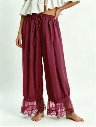 Image of UAURORAO Women Lace Trim Bloomer Pants Flowy Culottes Pantaloons Bloomers